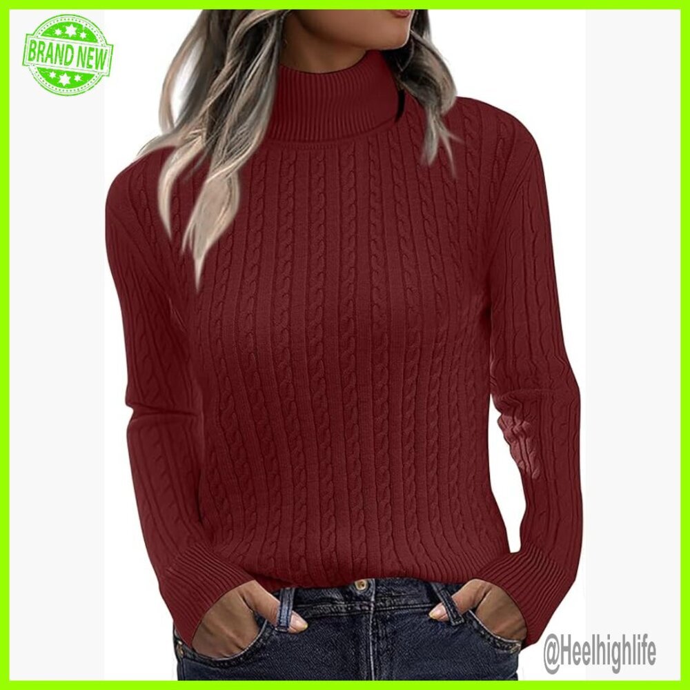 Fitted Turtleneck Cable Knit Pullover Sweater Long Sleeve Fall Winter Top